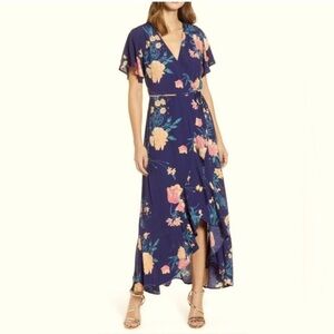 Leith Worn by Actress Laura Onnes Navy Blue Pink Floral Ruffled Wrap Midi Dress